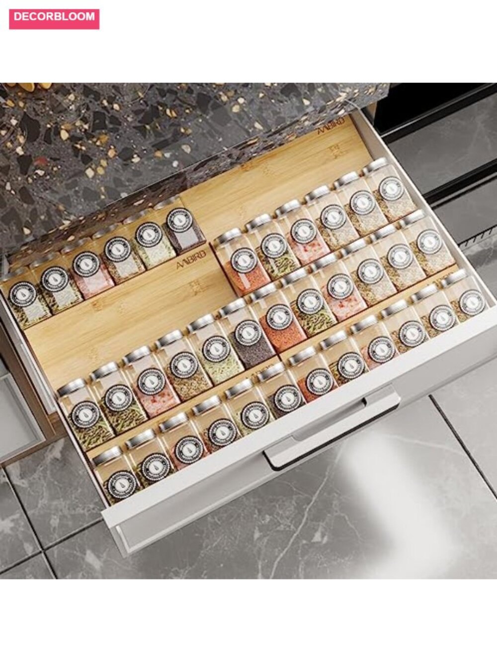 Bamboo Expandable Spice Drawer Organizer 4 Tier 2 Set 48 Jars